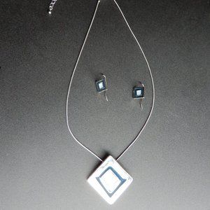 Square Geometric Silver Tone Blue Pendant Necklace and Earring Set